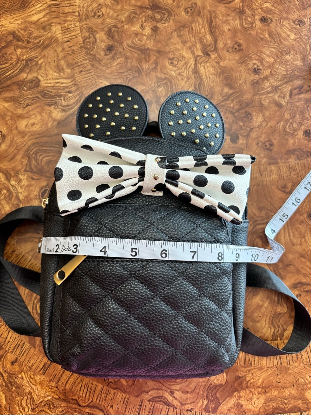 Olivia & Kate Black Mini Backpack Polka Dot Bow Gold Studded Minnie Mouse Ears - Picture 9 of 11